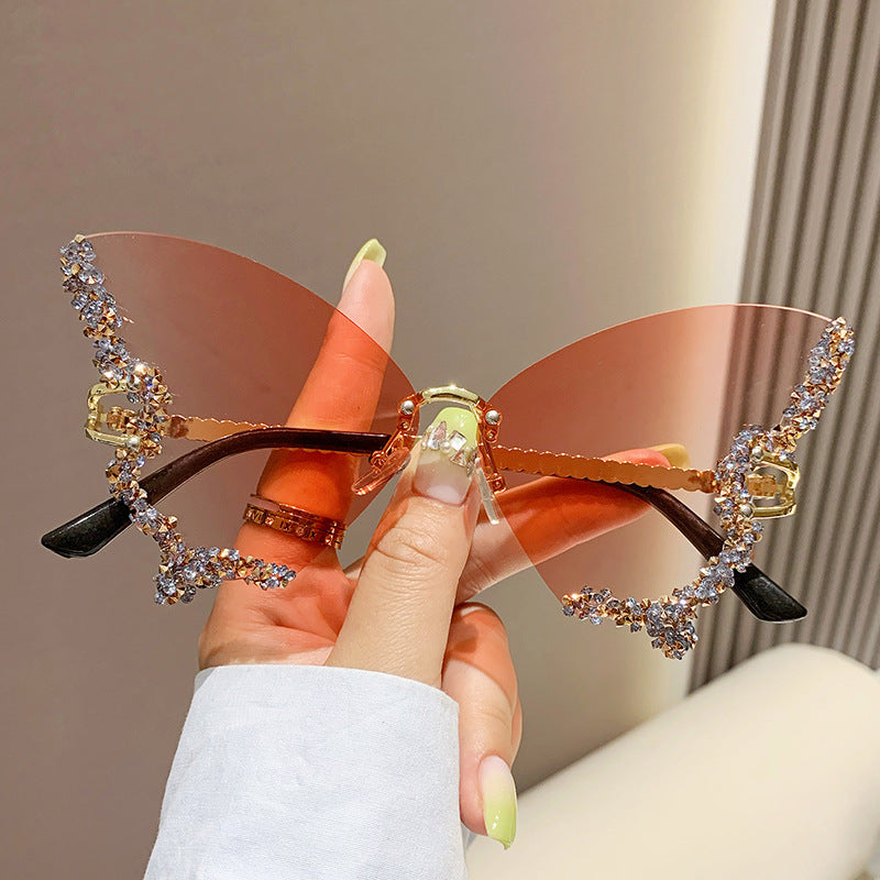 Diamond Butterfly Rimless Oversized Sunglasses – Y2K Vintage Luxe