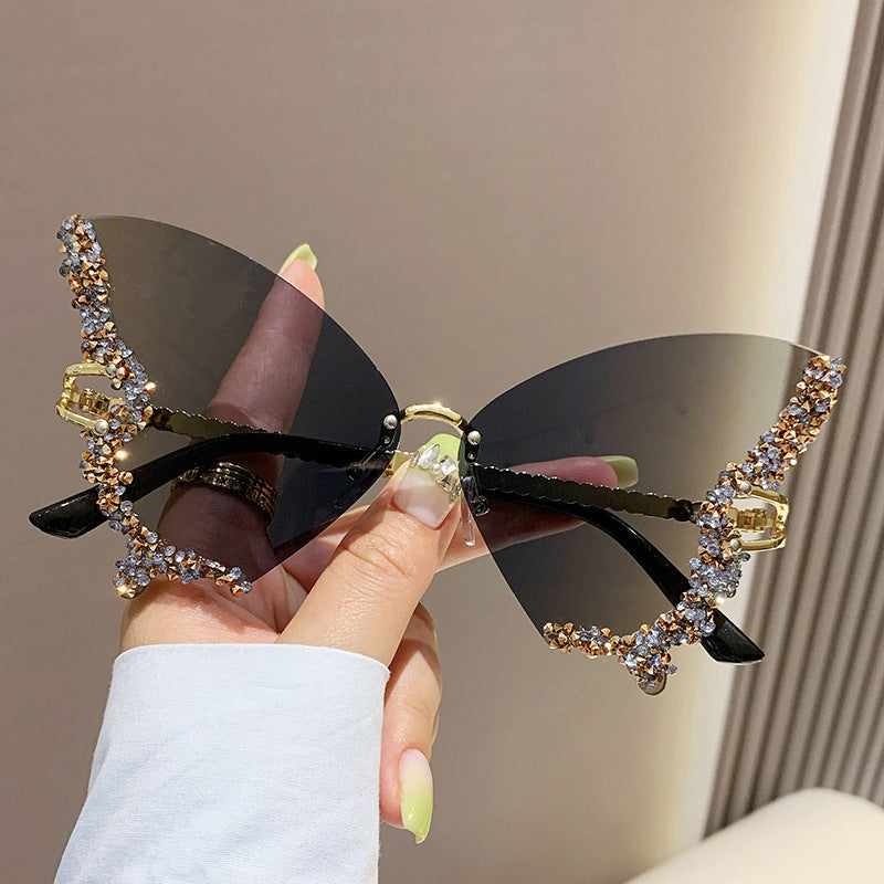 Diamond Butterfly Rimless Oversized Sunglasses – Y2K Vintage Luxe