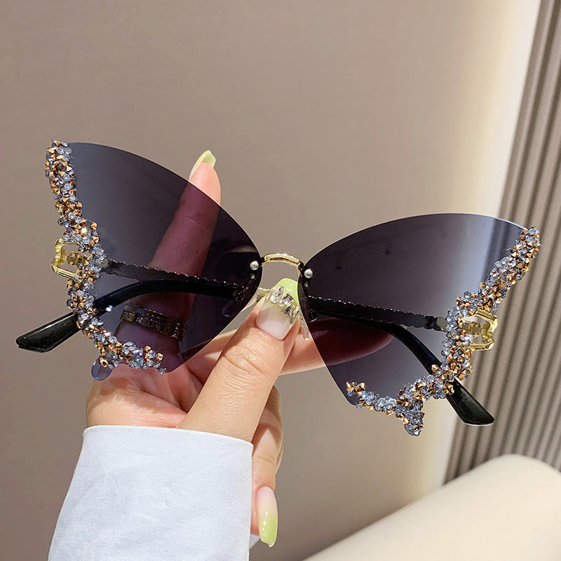 Diamond Butterfly Rimless Oversized Sunglasses – Y2K Vintage Luxe