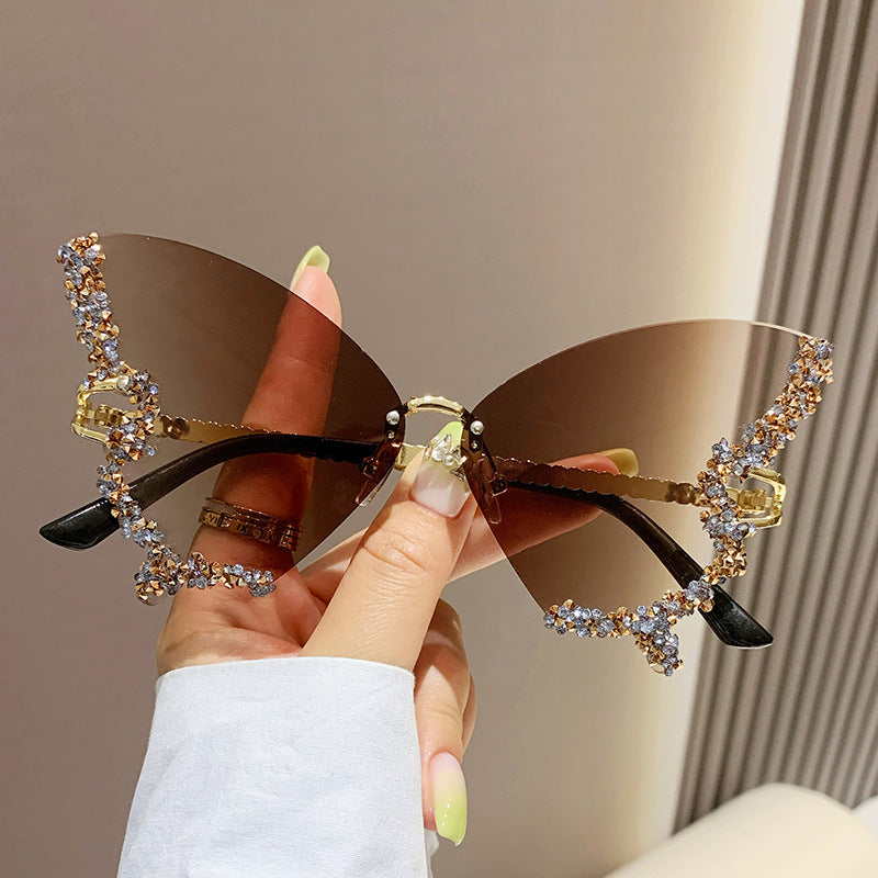 Diamond Butterfly Rimless Oversized Sunglasses – Y2K Vintage Luxe