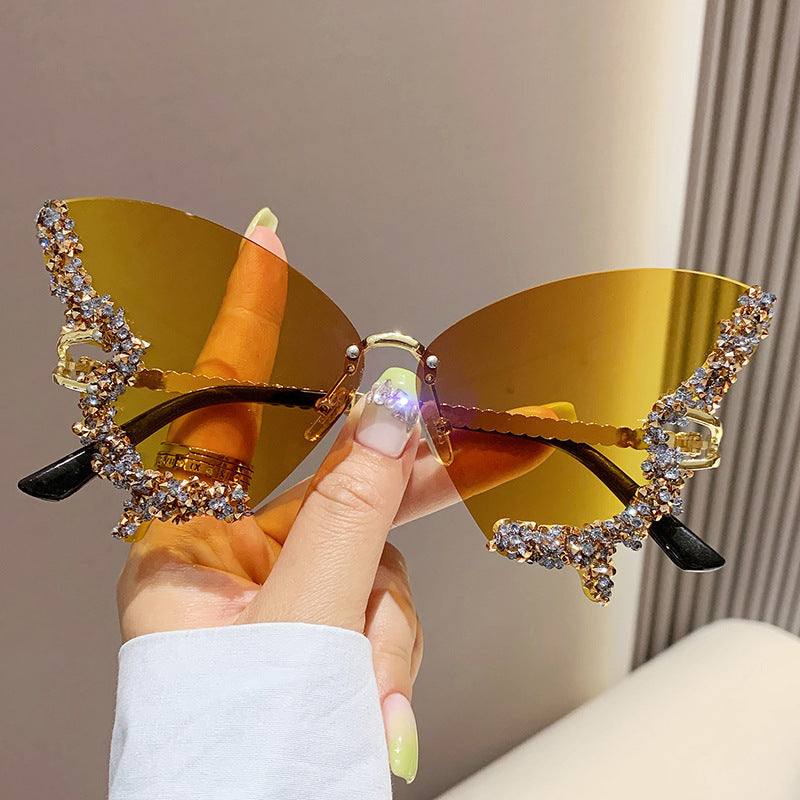Diamond Butterfly Rimless Oversized Sunglasses – Y2K Vintage Luxe
