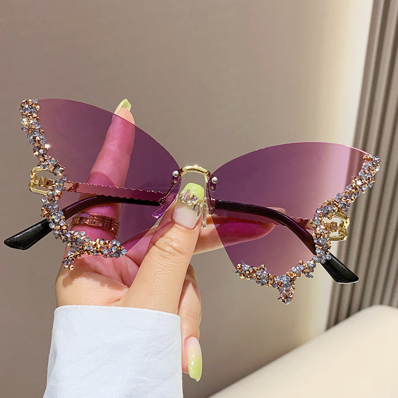 Diamond Butterfly Rimless Oversized Sunglasses – Y2K Vintage Luxe
